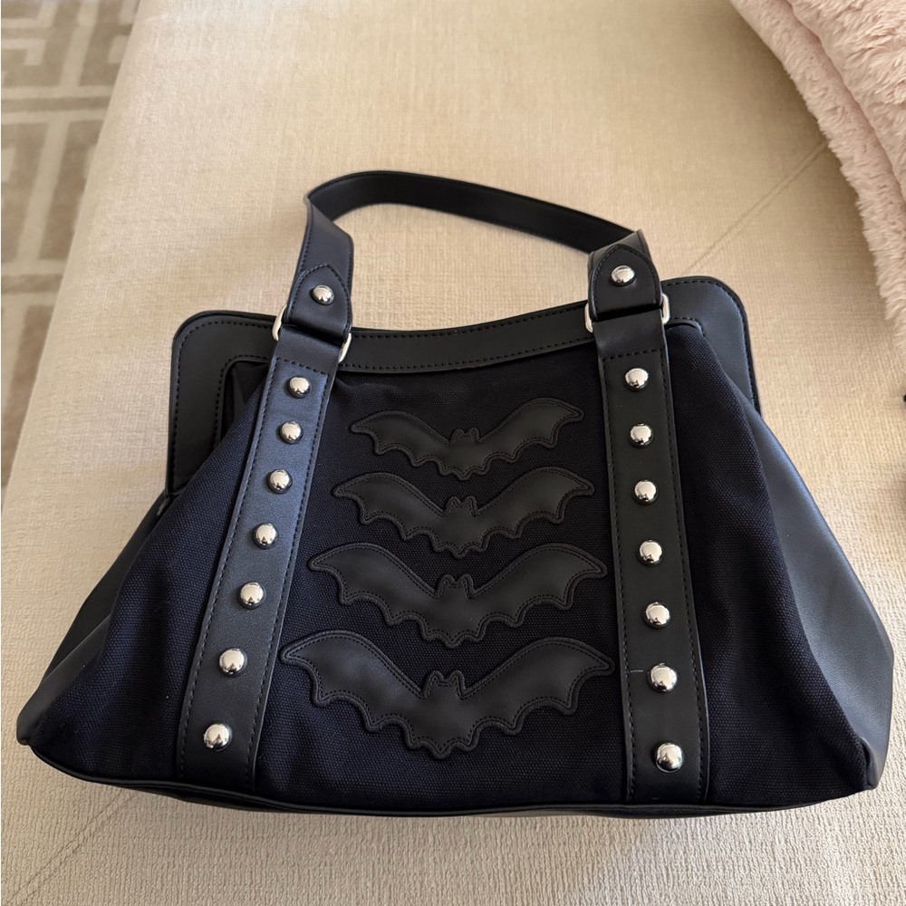 Lost Queen Canvas Bat Studded Shoulder Bag - Picture 2 of 7